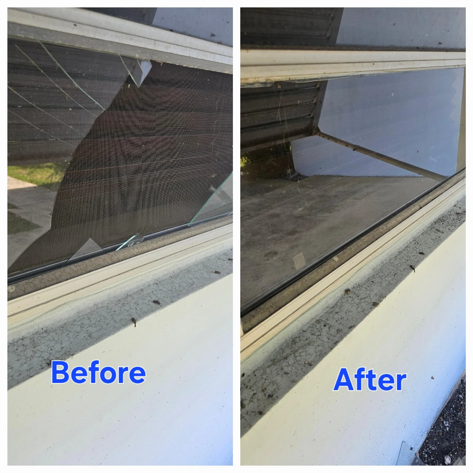 Window glass replacement before and after Before-and-after comparison of a broken window pane and replacement glass in the same frame
