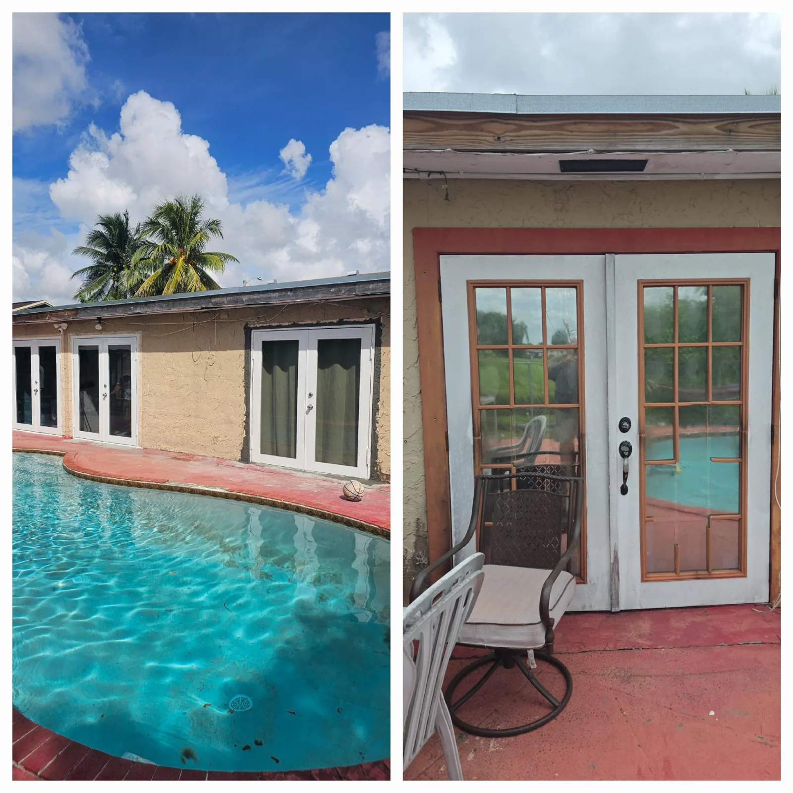 Side-by-side views of white-framed and wood-toned glass double doors beside a pool