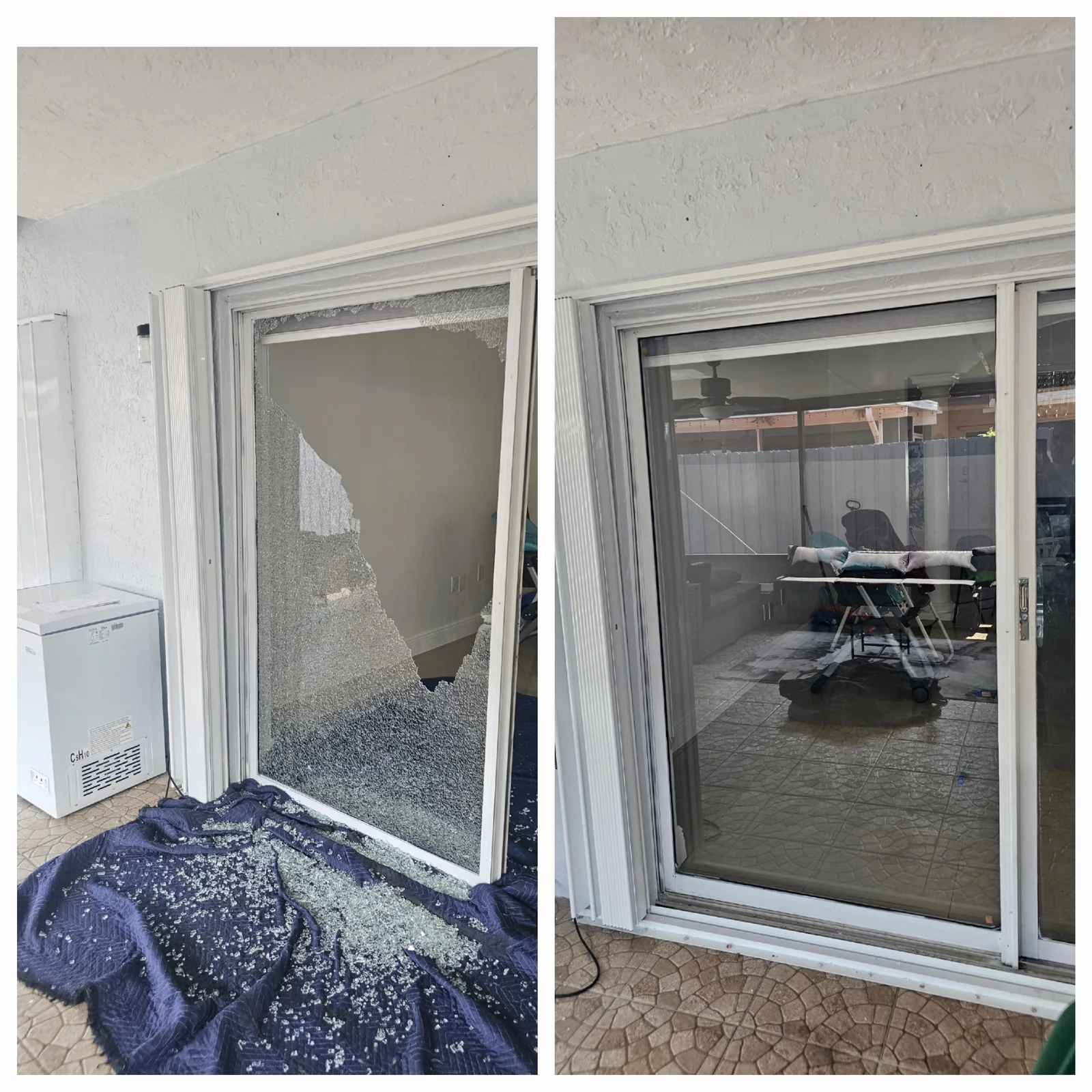 Sliding glass door glass replacement Damaged sliding door glass and an intact replacement panel in a white-framed patio door