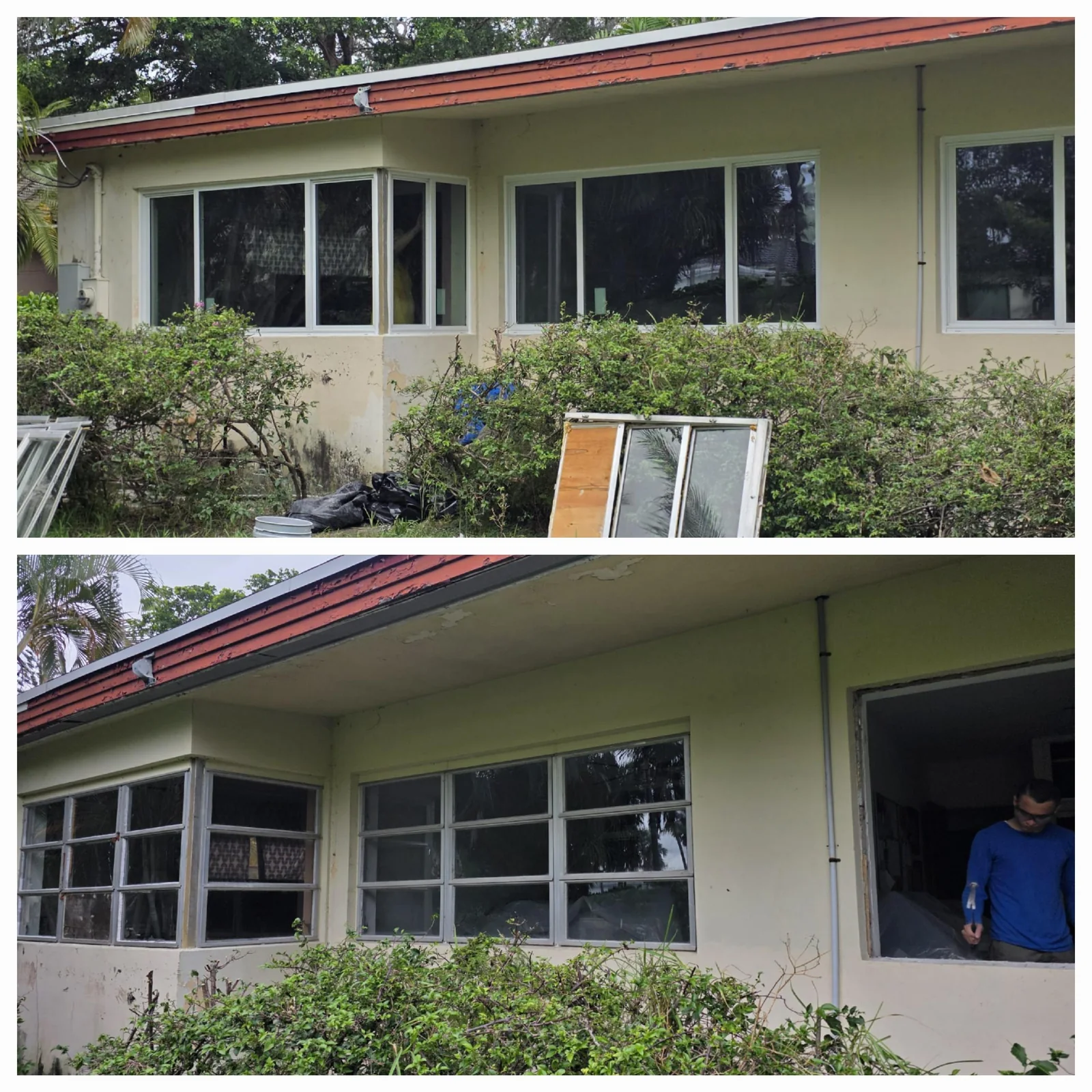 Residential window replacement project Two exterior views of a house with different window assemblies and removed frames outside