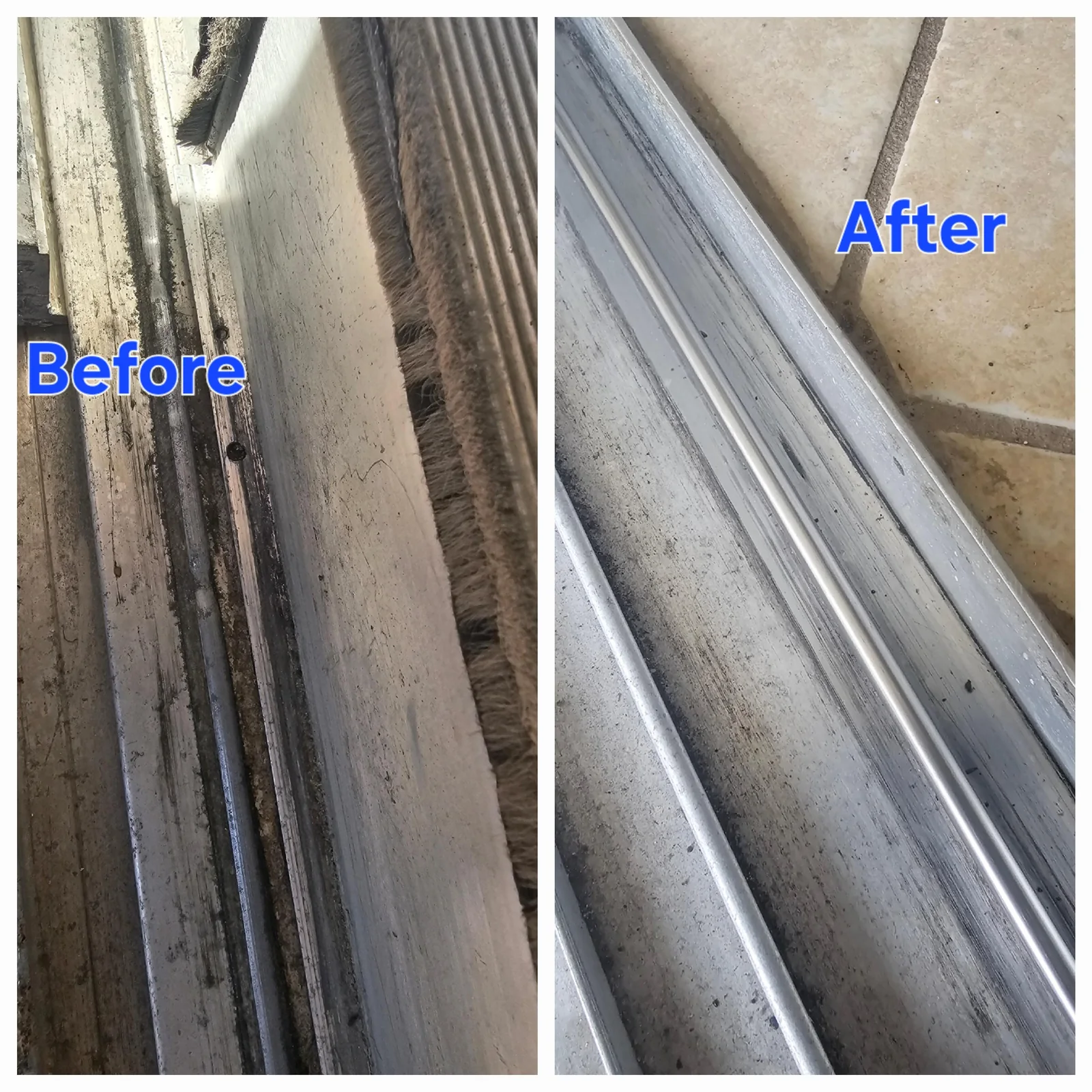 Sliding door track repair before and after Before-and-after views of a worn sliding door track and restored rail