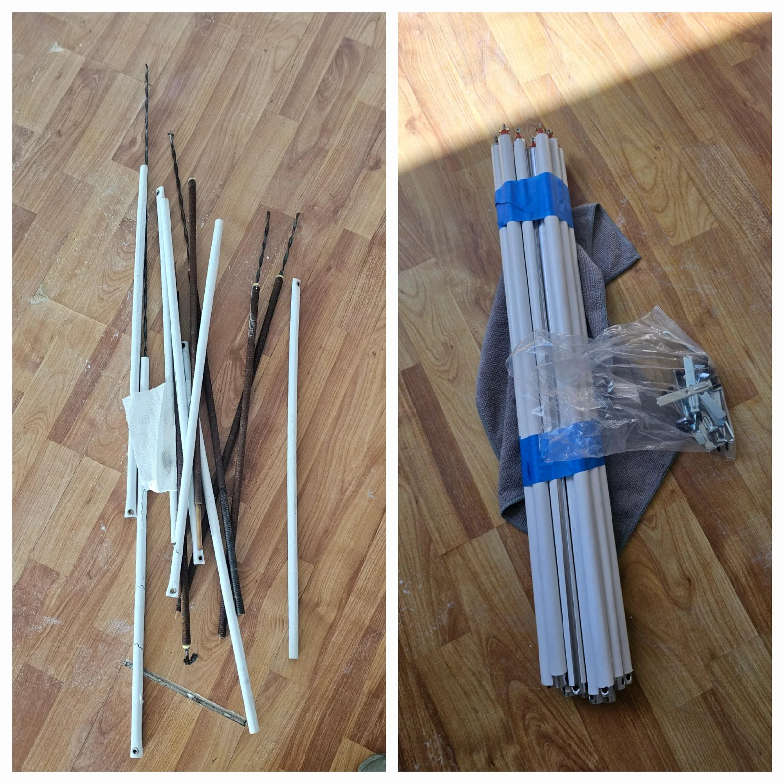 Window balance and spring replacement Removed window balance rods and replacement balance assemblies laid out side by side