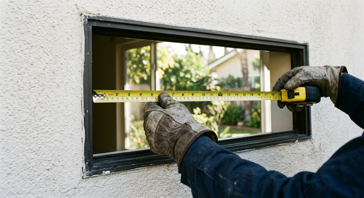 Measuring a window opening for replacement glass Gloved hands measuring an empty window frame opening with a tape measure