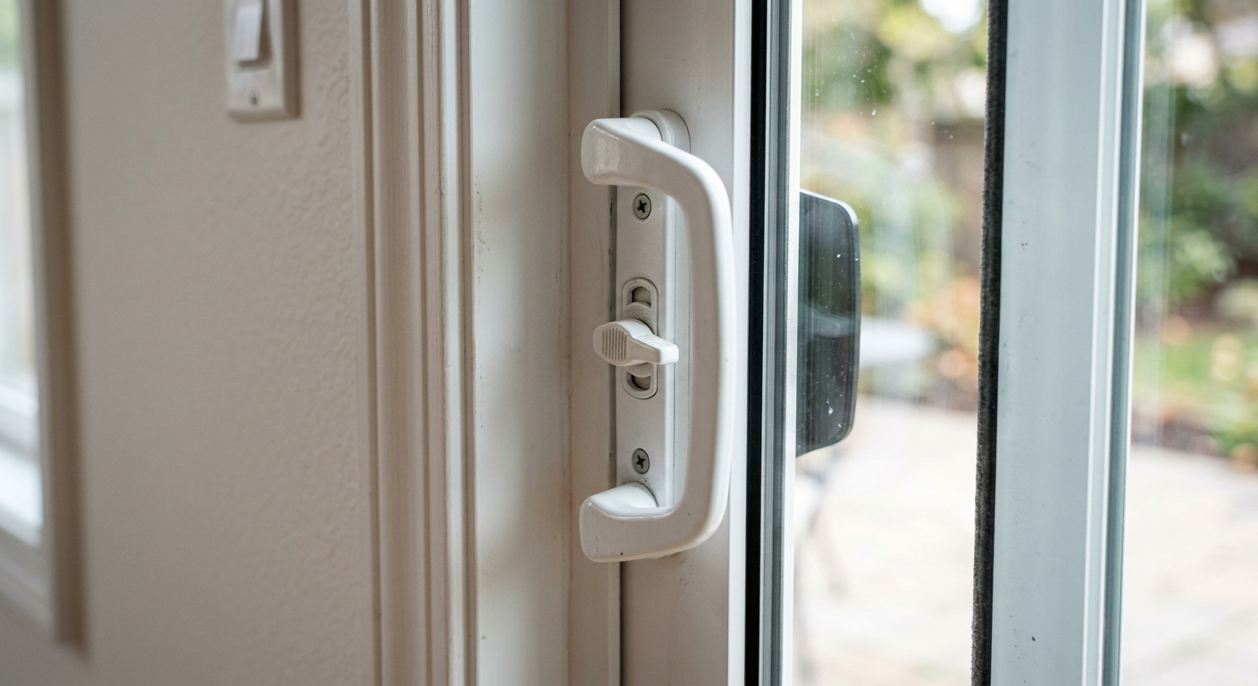 Sliding door handle and lock hardware Sliding glass door handle with thumb-latch lock mounted on the door stile