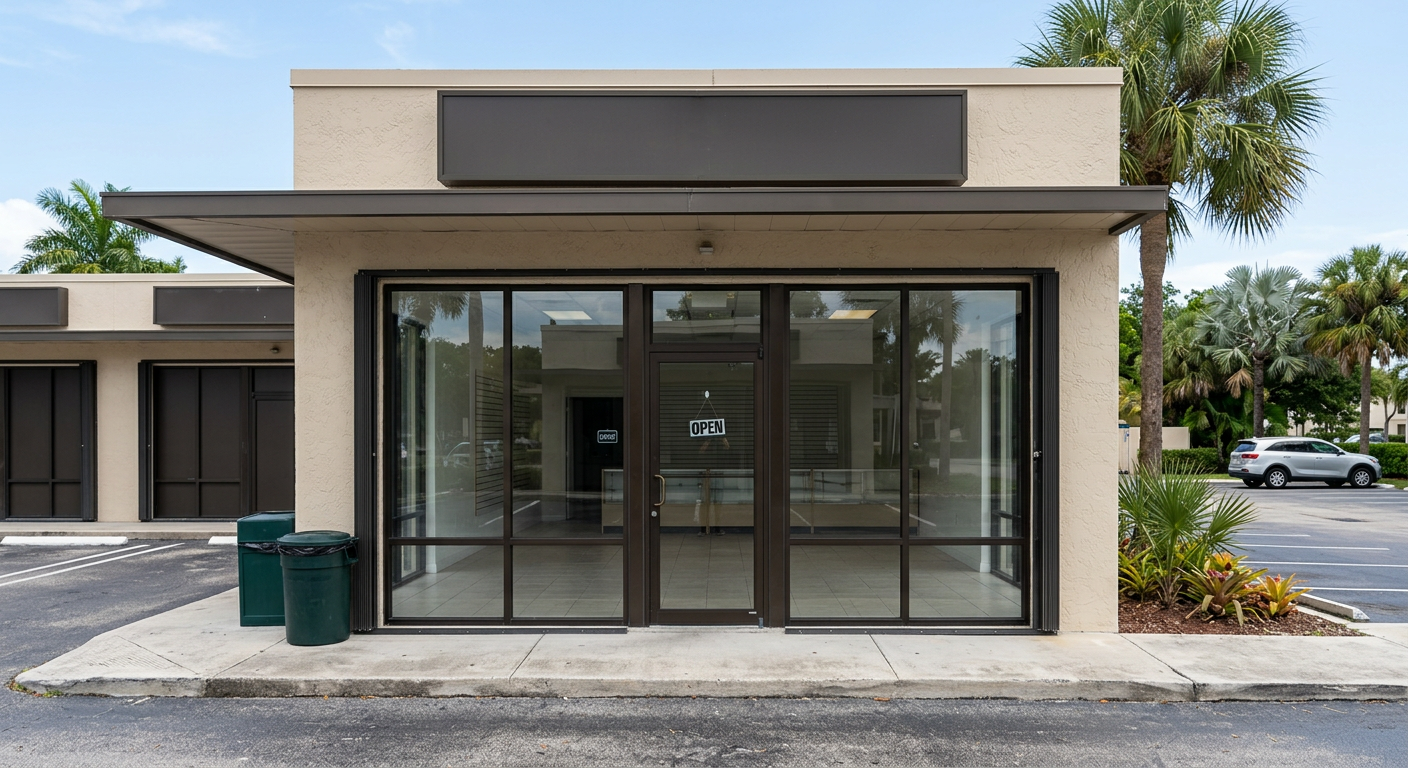 Storefront glass Single-story retail storefront with aluminum framing and large glass panels