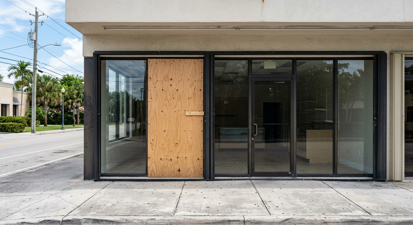 Temporary plywood board-up Storefront glass opening temporarily covered with fastened plywood